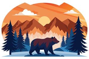 Bear Silhouette with Mountain Landscape and Trees at Sunset vector