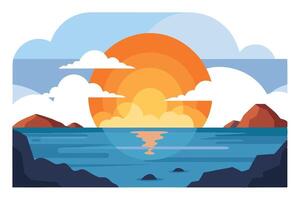 Stylized Sunset Over Sea with Rocks, Islands, Clouds, Sky, and Reflection vector