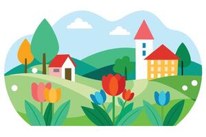 Colorful Countryside with Tulips Flat Design with House, Trees and Tower vector