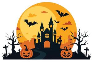 Spooky Castle with Bats, Pumpkins, Trees, Tombstones in Front of Full Moon, vector