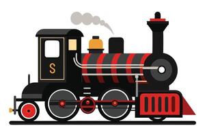 Vintage Cartoon Train with Red Stripe Accent, Isolated on White Background, Smoke vector