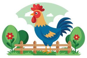 Cartoon Blue Rooster on Wooden Fence Illustration, Trees, Clouds Background vector