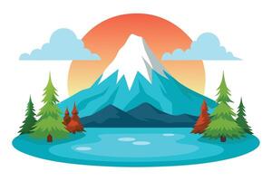 Serene Mountain Landscape with Snow Cap, Clouds, Lake, and Pine Trees vector