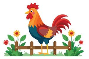 Cartoon Rooster Strutting on Fence with Flowers and Leaves on White Background vector