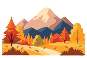 Autumnal Landscape with Mountains and Colorful Trees on a Path with Falling Leaves vector