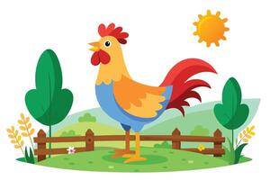 Cartoon Rooster on Green Grass with Fence, Tree and Sun on White Background vector