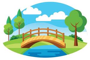 Nature with Bridge Over Water, Green Landscape, Sky with Clouds, Art vector