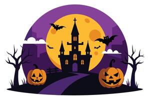 Spooky Castle Silhouette with Bats, Jacko'Lanterns, and a Full Moon vector