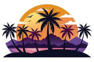 Retro Island with Palm Trees, Sunset, and Silhouetted Mountains on Transparent Background vector