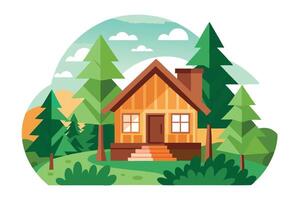 Cabin in Forest with Pine Trees and Mountains on White BackgroundFlat Design vector