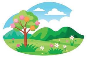Flat Design Landscape with Colorful Blooming Tree and Flowers, Green Hills, Sky with Clouds vector