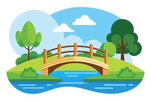 Cartoon Wooden Bridge Over Calm River with Trees and Blue Sky Background vector