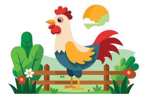 Stylized Rooster Flat Farm with Fence and Flowers vector