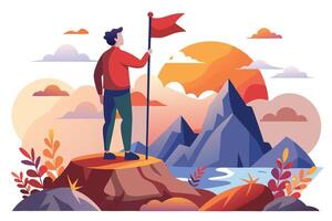 Man On Top Hill Holding Flag With Mountain and Sunset In Background vector