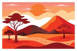 Sunrise Landscape with Trees, Rolling Hills, Warm Tones, and Flat Style vector