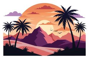 Tropical Sunset with Palm Trees, Mountains, Birds, Clouds on White Background vector