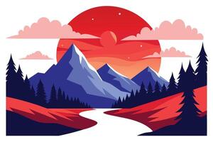 Flat Landscape Scenery with Blue Mountains, Red Sky and Trees Nature Design vector