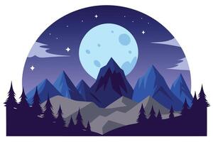 Serene Night Sky with Moon, Stars, Mountains, and Silhouette of Trees Flat Design vector