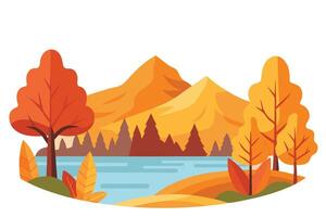 Fall Landscape with Mountains, Lake, Autumn Trees, and Colorful Foliage on White vector