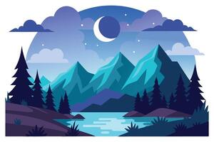 Night Mountains Landscape with Crescent Moon, Pine Trees and Reflection Water vector