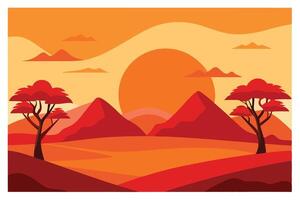 Warm Red Desert Landscape Silhouette with Mountains, Trees and Sun vector