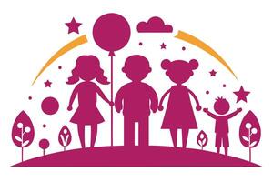 Stylized Children Holding Hands Under Starry Sky with Transparent Background vector