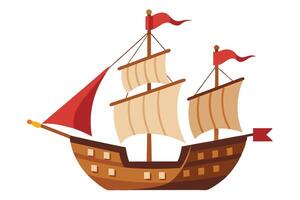 Cartoonish Detailed Brown Sailboat with Red Flags Isolated on Transparent Background vector