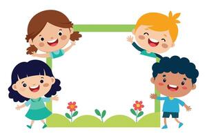 Diverse Children Cartoon Characters with Floral Details on White Background vector