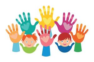 Cheerful Kids with Colorful Hands and Hearts on White Background vector