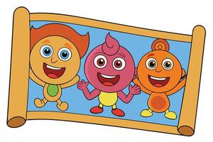 Happy Cartoon Characters Displayed on a Decorative with Blue Backdrop Art vector