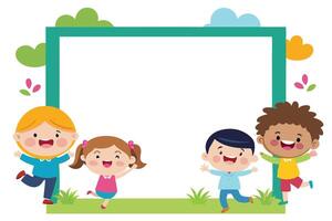 Cartoon Kids with Diverse Children Running, Smiling, and Colorful Border Design vector