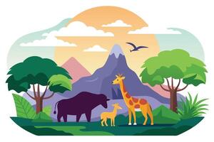 Animated Safari Giraffe, Buffalo, Deer, Mountains and Cloudy Sky Design vector