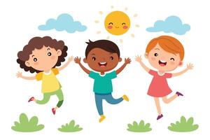 Joyful Multiethnic Kids Jumping with Raised Hands in Cartoon Style, Sun and Clouds vector