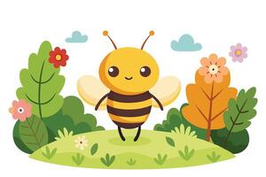 Cartoon Cute Bee Character Standing in Nature with Trees Flowers and White Background vector