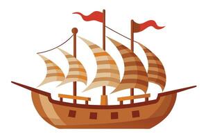 Illustrated Brown Sailing Ship with Red Flags on a Transparent Background vector