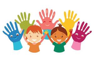 Cheerful Kids with Upraised Cartoon Handprint with Smiling Faces on Transparent BG vector