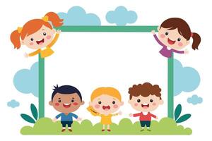 Happy Diverse Cartoon Kids Around Green with Clouds on White Background vector