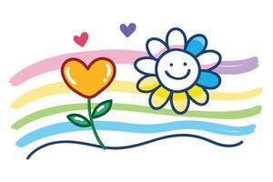 Playful Heart Flower and Smiling Daisy with Colorful Brush Strokes Design vector