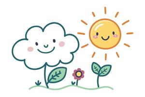 Happy Cartoon Weather Elements featuring Smiling Cloud, Sun and Flowers on White vector
