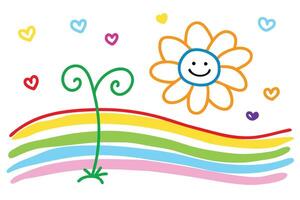 Cheerful Rainbow Field with Smiling Flower, Heart Icons on White Background vector