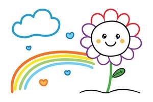 Smiling Flower with Rainbow, Cloud, and Hearts on White Background vector