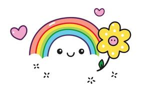 Cute Rainbow Character with Flower, Hearts and Clouds on White Transparent Background vector