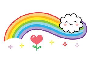 Kawaii Rainbow Cartoon Cloud with Smiling Face and Heart Flower on White Background vector