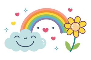 Cute Smiling Cloud under Rainbow with Heart Faced Arc and Yellow Flower Design vector