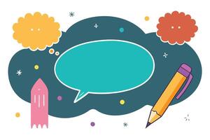 Colorful Chat Bubble with Pencil, Cloud Shapes, and Rocket Design on White Background vector