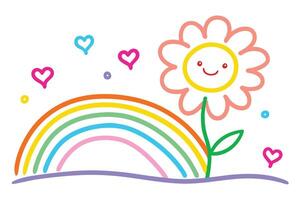 Smiling Flower with Rainbow, Hearts on White Background. Cheerful, Joyful Drawing vector