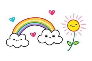 Cartoon Rainbow Clouds with Hearts and Flower, Kawaii Style on Transparent Background vector
