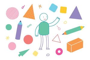 Playful Colorful Geometric Shapes with Stick Figure on a White Background Design vector