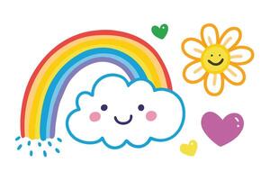 Cheerful Rainbow with Smiling Cloud, Hearts, and Smiling Flower on White vector