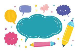 Colorful Speech Bubbles and Pencils, Various Shapes on White Background, Flat vector